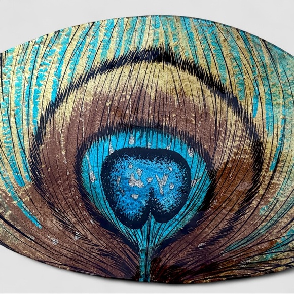 Hand-Painted Peacock Feather Decorative Glass Display Platter 16.5” x 10” Oval - Picture 4 of 4